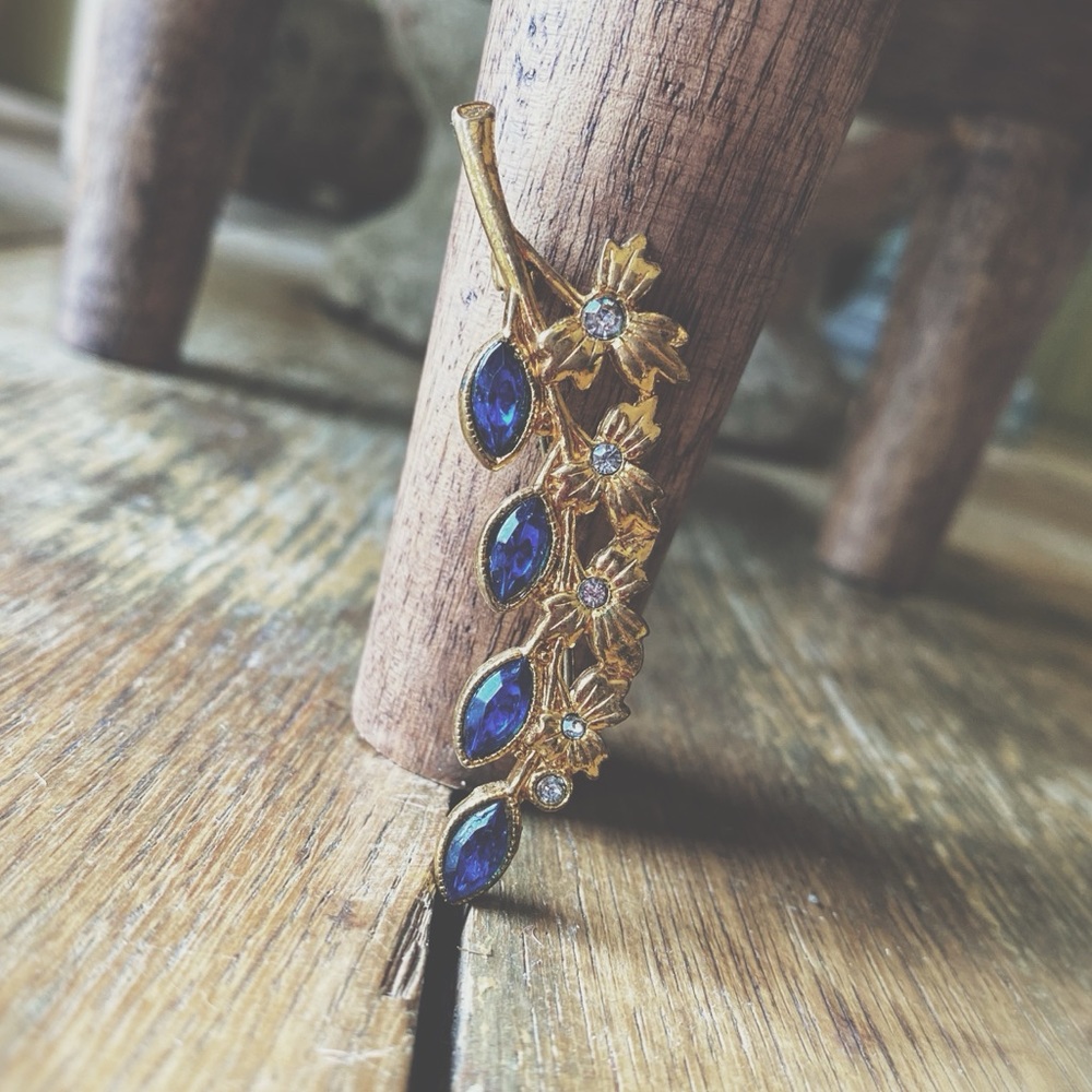Vintage Floral Brooch | 3" Gold Tone & Sapphire Blue Navette Stones